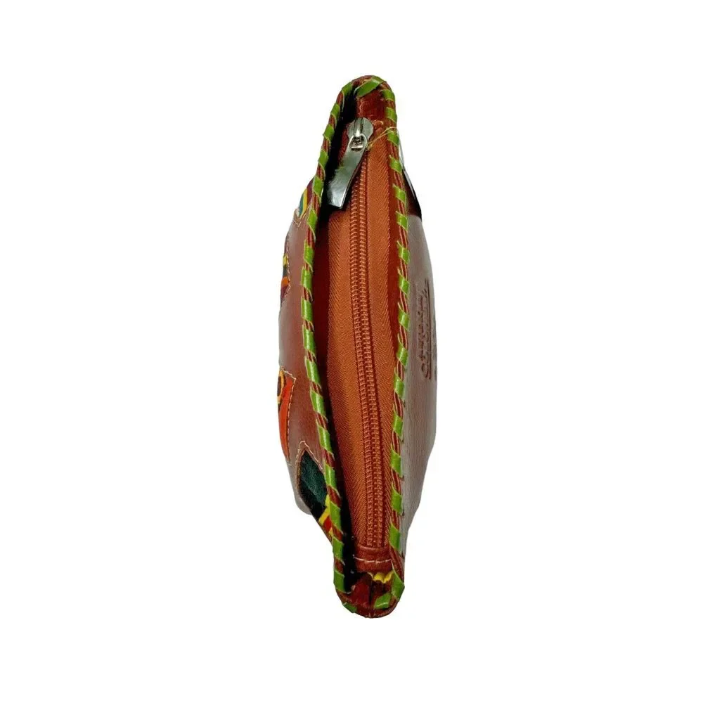Arte Kuna Colombia 100% Leather Zippered Makeup Bag with 4 Square‎ Mola Design